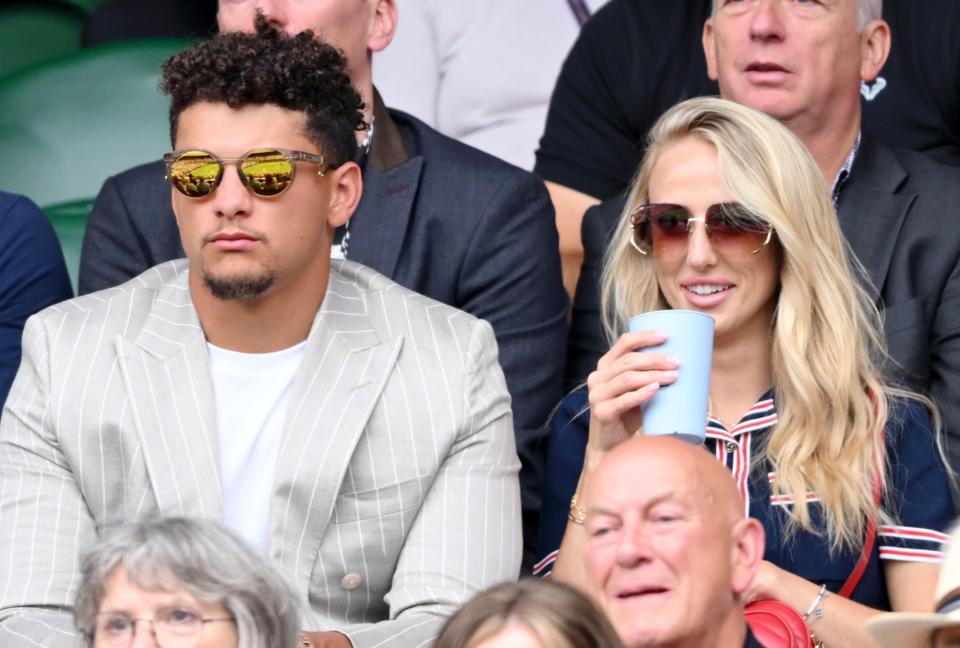 LONDON, ENGLAND - JULY 05: Patrick Mahomes and Brittany Mahomes attend day five of the Wimbledon Tennis Championships at the All England Lawn Tennis and Croquet Club on July 05, 2024 in London, England. (Photo by Karwai Tang/WireImage)