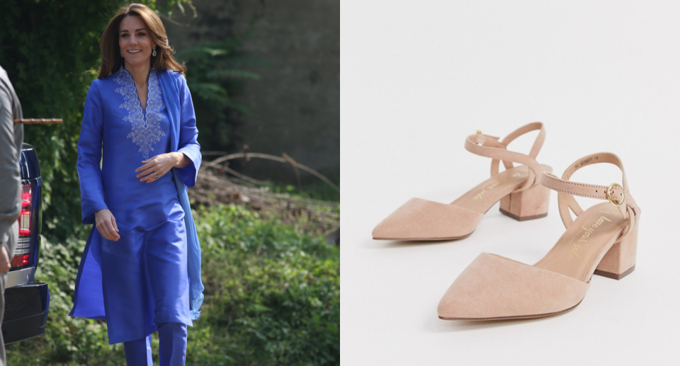 Kate Middleton wears New Look Wide Fit faux suede low block heeled shoes in tan 