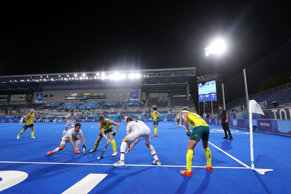 <p>TOKYO, JAPAN - AUGUST 03: Benedikt Furk of Team Germany and Joshua Beltz of Team Australia battle for the ball during the Men's Semifinal match between Australia and Germany on day eleven of the Tokyo 2020 Olympic Games at Oi Hockey Stadium on August 03, 2021 in Tokyo, Japan. (Photo by Alexander Hassenstein/Getty Images)</p> 