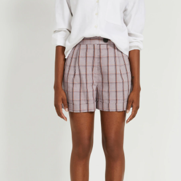 Linen-Tencel® High-Waisted Plaid Shorts in Lavender 