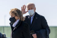 Democratic presidential candidate former Vice President Joe Biden, accompanied by his sister Valerie Biden, arrives at Des Moines International Airport in Des Moines, Iowa, Friday, Oct. 30, 2020, for a rally at the Iowa State Fairgrounds. Biden is holding rallies today in Des Moines, Iowa, Saint Paul, Minn., and Milwaukee. (AP Photo/Andrew Harnik)