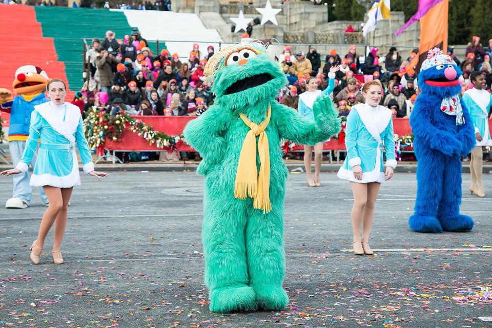 Sesame Place character Oscar the Grouch performs during the 95th Annual 6abc Dunkin' Donuts Thanksgiving Day Parade in Philadelphia, Pennsylvania