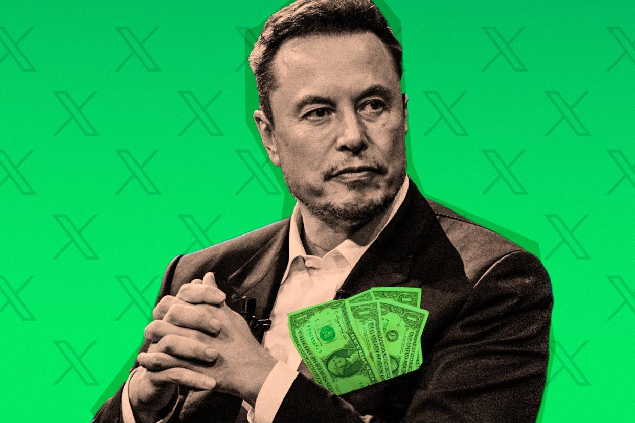 Elon Musk with a pocket stuffed with dollar bills.