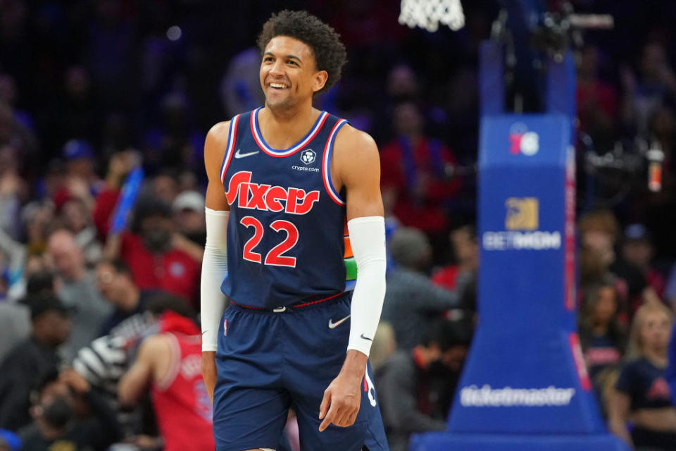 Matisse Thybulle #22 of the Philadelphia 76ers reacts against the Chicago Bulls at the Wells Fargo Center on March 7, 2022 in Philadelphia, Pennsylvania<span class="copyright">Mitchell Leff/Getty Images</span>