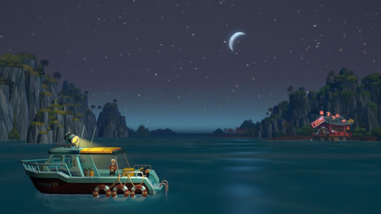  A speedboat on the water with a sushi restaurant in the distance at night 