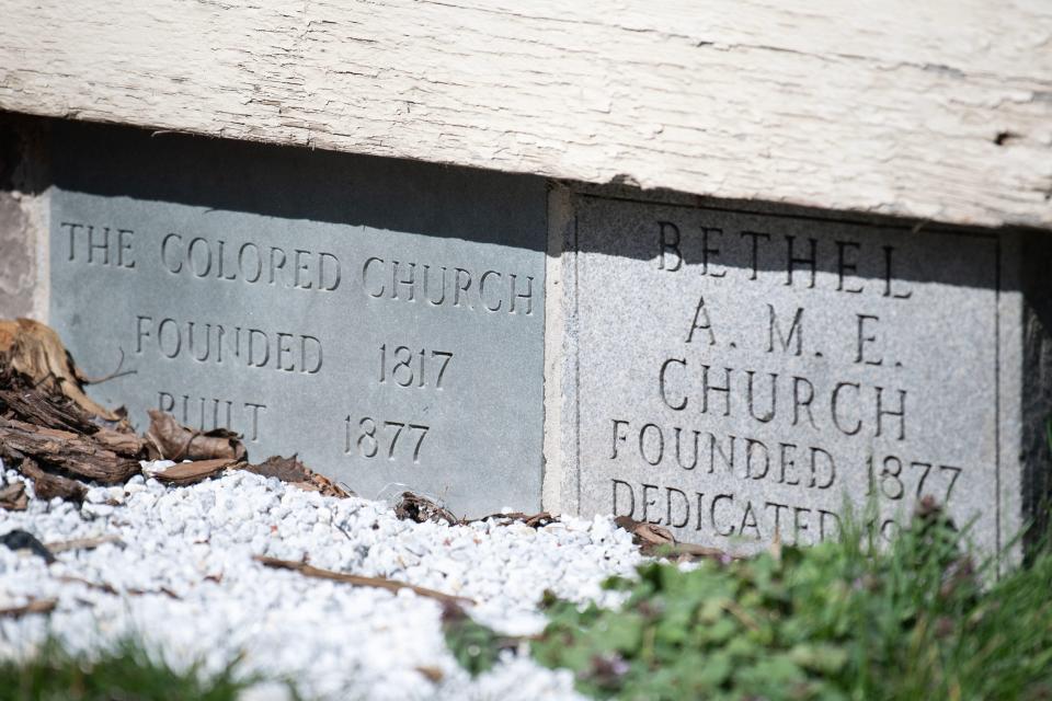 Stones mark the dates on the Gather Place Museum building that opened in 1877 as the Bethel African Methodist Episcopal Church in Yardley, on Monday, March 20, 2023. 