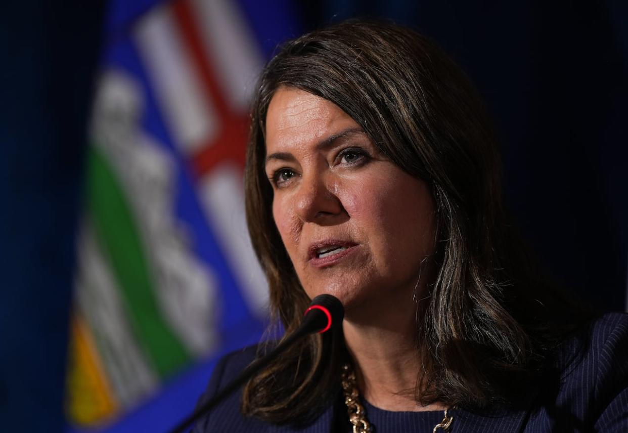 Alberta Premier Danielle Smith, pictured here in a file photo, unveiled a new report focused on the possibility of establishing an Alberta-only pension plan on Thursday. (Darryl Dyck/The Canadian Press - image credit)