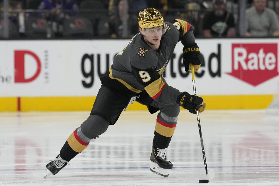 FILE - Vegas Golden Knights center Jack Eichel (9) plays against the Los Angeles Kings in an NHL hockey game Saturday, March 19, 2022, in Las Vegas. Jack Eichel fought for the right to have a never-been-performed-on-an-NHL-player sort of neck surgery. The sharpshooting center for the Golden Knights by way of the Buffalo Sabres may be doing for backs/necks what Tommy John once did for the elbows of baseball pitchers — save careers. (AP Photo/John Locher, File)