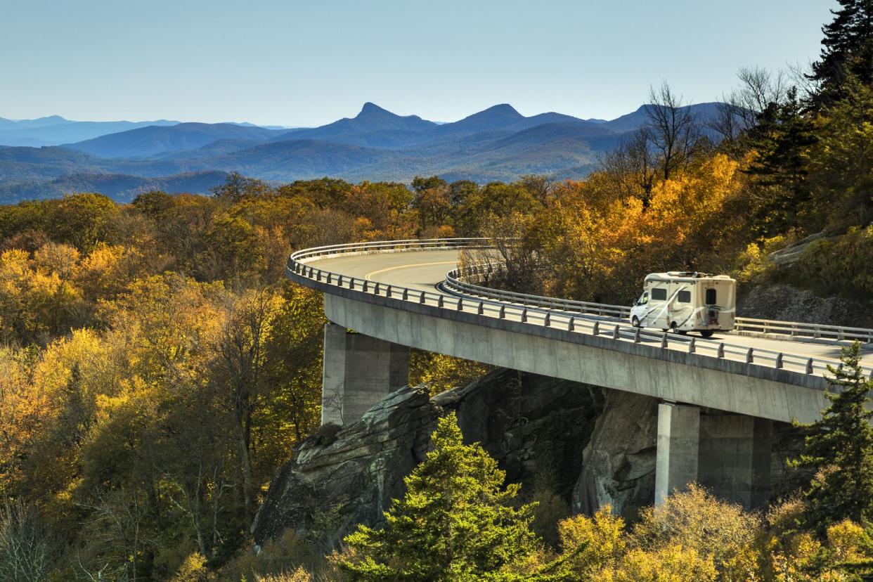 RV along Linn Cove Viaduct Highway Road of the Blue Ridge Parkway on the Grandfather Mountain in autumn North Carolina