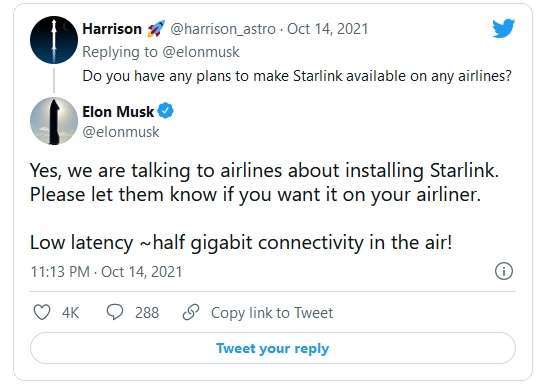 馬斯克推文表示正與航空公司商談星鏈網路服務。（圖片來源：擷取自馬斯克推特）