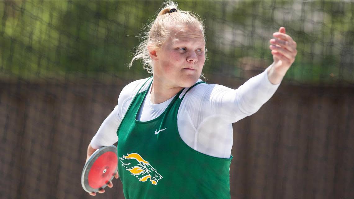 Borah’s Maddie Romberg competes in the girls discus at the 5A state track meet on May 19.