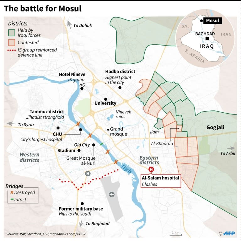 Map of Mosul showing the advance of Iraqi government troops in the Jihadist-held city