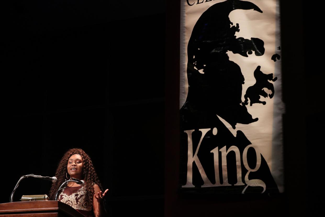 Ariana Cawthorn, a senior at Eastbrook Academy,  delivers her speech about Dr. Martin Luther King, Jr. The 35th Annual Dr. Martin Luther King, Jr. Birthday Celebration was held at the Marcus Center for the Performing Arts in Milwaukee on January 20, 2019.