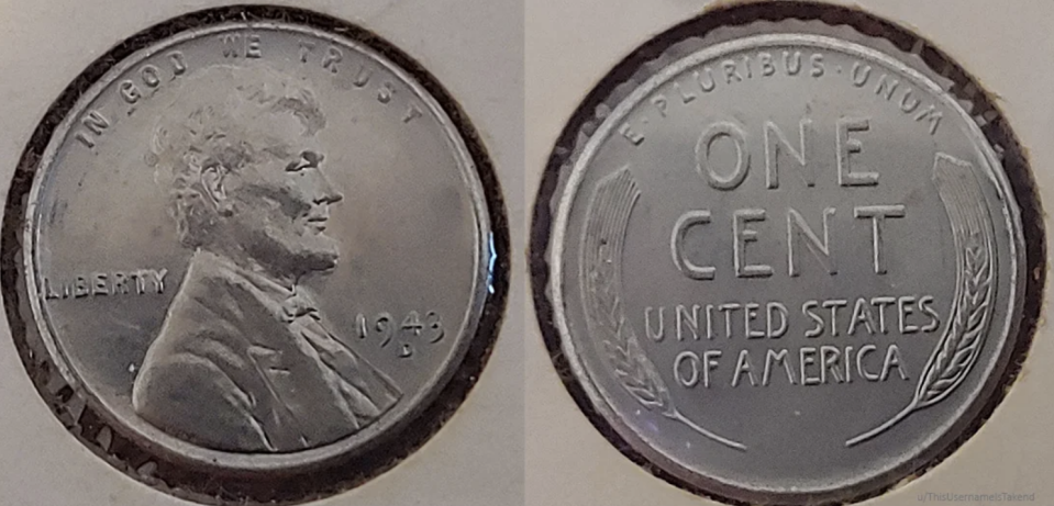 Close-up image of a 1943 Lincoln Wheat Penny, showing both sides: one with Abraham Lincoln’s profile and the other with "ONE CENT" and "UNITED STATES OF AMERICA."