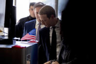 Facebook CEO Mark Zuckerberg arrives for a House Financial Services Committee hearing on Capitol Hill in Washington, Wednesday, Oct. 23, 2019, on Facebook's impact on the financial services and housing sectors. (AP Photo/Andrew Harnik)