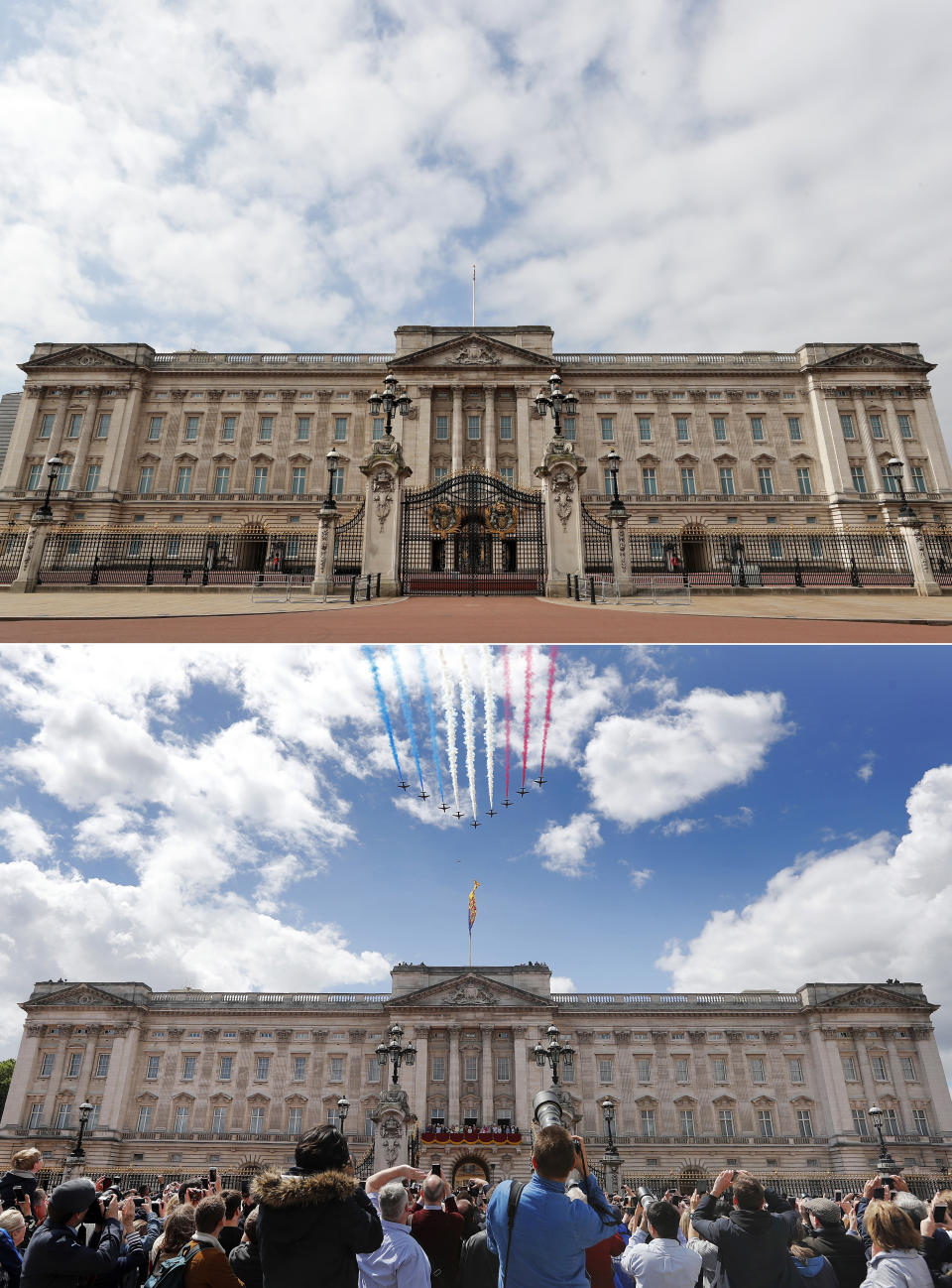 A combo of images showing the Red Arrows flying over Buckingham Palace during the annual Trooping the Colour Ceremony in London on Saturday, June 8, 2019 and the the empty scene taken from the same angle on Wednesday, April 1, 2020. When Associated Press photographer Frank Augstein moved to London in 2015, what struck him most was the crowds. Augstein, who grew up in a small town in western Germany, thought Britain's capital of almost 9 million people was the busiest place he had ever seen. In years of covering political dramas, moments of celebration and tragedy and major sporting events, Augstein's photographs have captured the city's ceaseless movement: Pedestrians swarming over the Millennium footbridge spanning the River Thames. Travelers from the U.K. and continental Europe thronging St. Pancras railway station. Commuters following London transit etiquette by carefully ignoring one another on a crowded Tube train, or waiting patiently in a snaking bus queue. Augstein revisited those sites in recent days after Britain — like other countries around the world — went into effective lockdown to stem the spread of the new coronavirus. More than 4,300 people with the virus in Britain have died, and health officials warning the peak of the outbreak is still days or weeks away. (AP Photo/Frank Augstein)