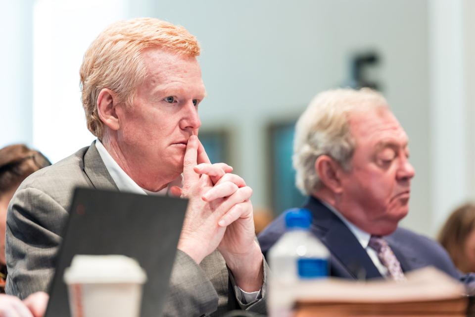 Alex Murdaugh and defense attorney Dick Harpootlian listen to a witness during Murdaugh’s double murder trial in South Carolina in February. The prosecutor called Murdaugh a 'family annihilator.'