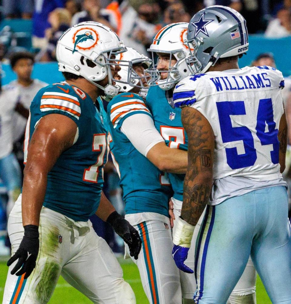Miami Dolphins place kicker Jason Sanders (7) celebrates with teammates after kicking the winning field goal during fourth quarter of an NFL football game against the Dallas Cowboys at Hard Rock Stadium on Sunday, Dec. 24, 2023 in Miami Gardens, Fl.