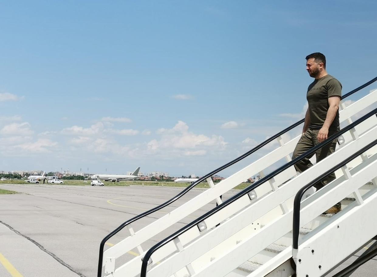 A handout photo made available by the Bulgarian Government Press Office shows Ukraine's President Volodymyr Zelensky after landing in Sofia on 6 July (EPA)