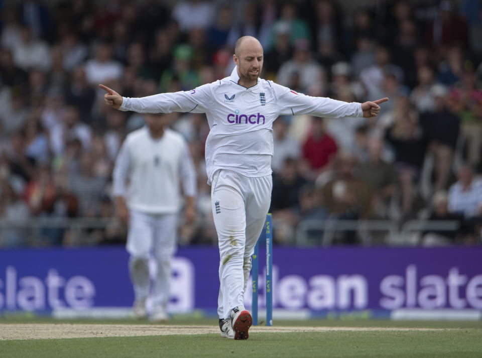 Seen here, England spinner Jack Leach celebrates taking New Zealand bowler Tim Southee's wicket.