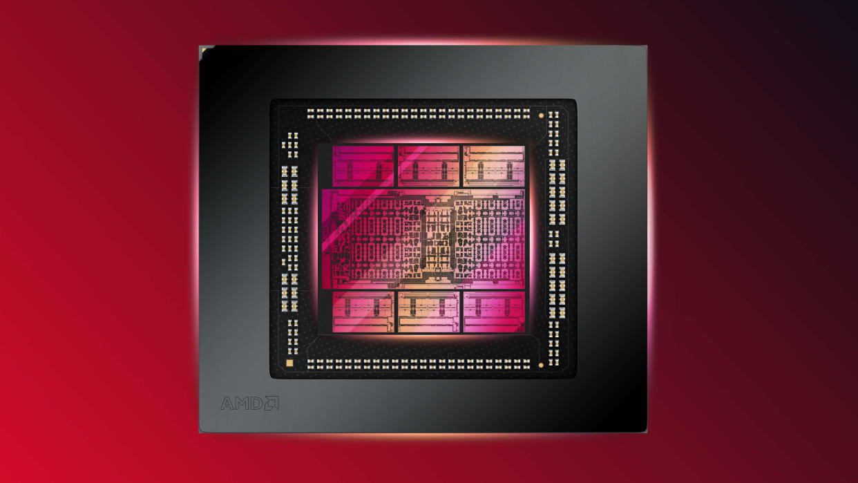  Stylized image of an AMD Navi 31 GPU against a red background. 