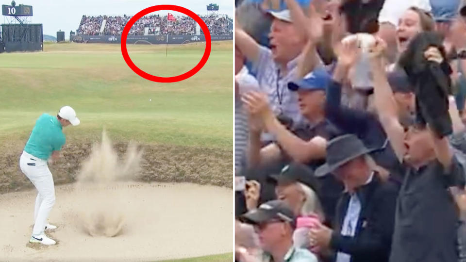 Seen here, Rory McIlroy holes out for eagle from a bunker at the 10th at St Andrews.