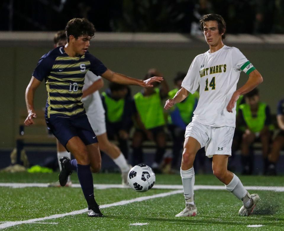 Salesianum's Gianluca Marroni (left) plays the ball in front of St. Mark's Jonathan Lennon in the first half of the Sals' 6-1 win at Abessinio Stadium, Wednesday, Oct. 5, 2022.