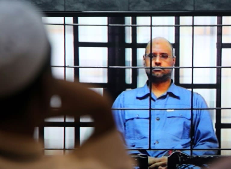 Seif al-Islam is seen being questioned by judges during his trial in the capital Tripoli in May 2014