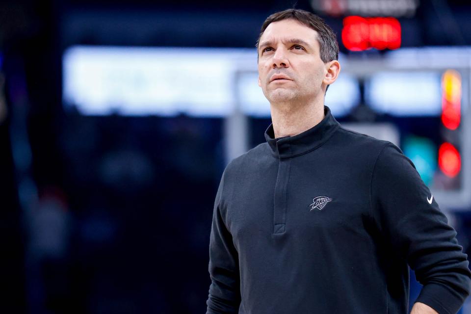 Oklahoma City head coach Mark Daigneault looks at the score in the third quarter during an NBA game between The Oklahoma City Thunder and The San Antonio Spurs at the Paycom Center in Oklahoma City, on Wednesday, April 10, 2024.