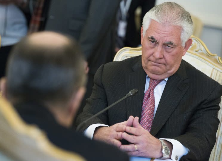 Secretary of State Rex Tillerson, at right, meets Russian Foreign Minister Sergey Lavrov, in left foreground