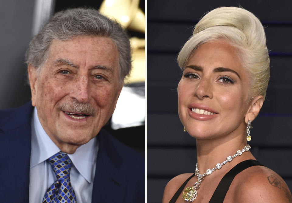 In this combination photo, Tony Bennett, left, arrives at the 61st annual Grammy Awards on Feb. 10, 2019, in Los Angeles and Lady Gaga arrives at the Vanity Fair Oscar Party on Feb. 24, 2019, in Beverly Hills, Calif. Bennett, with 18 Grammy wins under his belt, is nominated with Lady Gaga for record of the year for their version of “I Get a Kick Out of You.” (AP Photo)