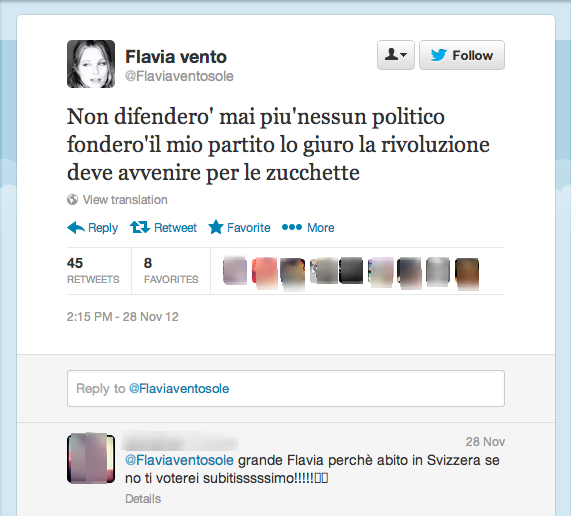 Ma anche Grillo la delude. E allora: «Non difendero' mai piu'nessun politico fondero'il mio partito lo giuro la rivoluzione deve avvenire per le zucchette». Lo aveva promesso, Flavia. Il 28 novembre 2012.