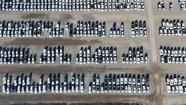 Kia cars are parked on a compound in Wolverton, Ont., about 30 kilometres south of Kitchener.