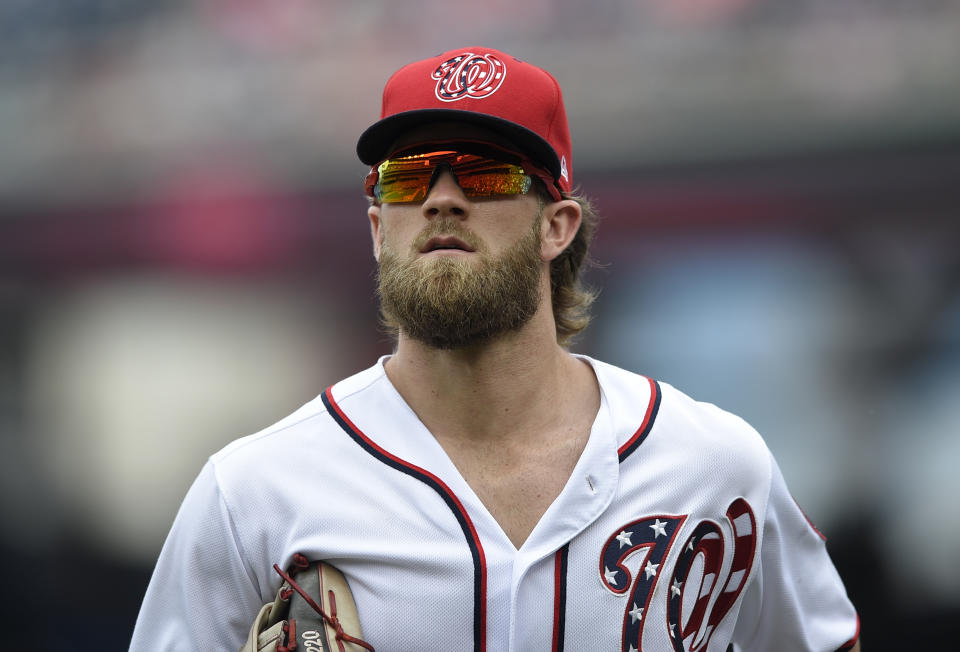 Bryce Harper is looking at a tight timeline if he wants to return for October. (AP Photo/Nick Wass)