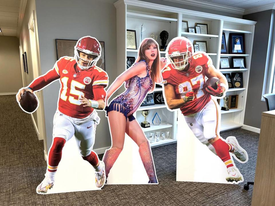 We’re taking three nearly life-size cutouts of Patrick Mahomes, Travis Kelce and Taylor Swift with us on our Red Kingdom Road Trip.