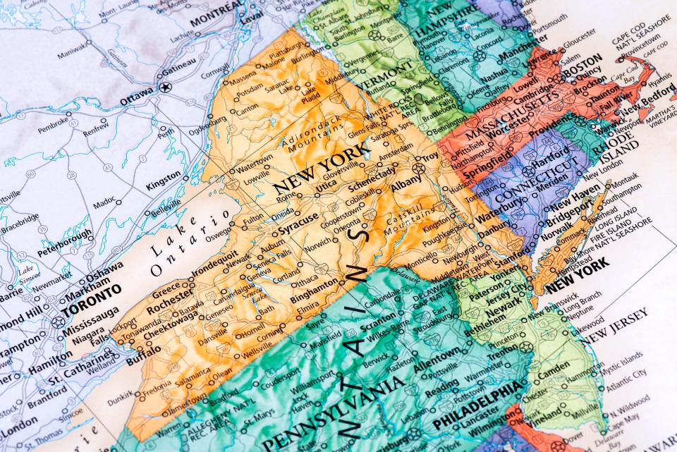 Map of New York, New Jersey, Massachusetts with Connecticut States in USA. Detail from the World Map.