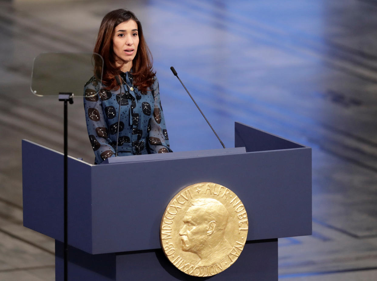 Nadia Murad, a Peace Prize laureate, delivers her speech during the Nobel Peace Prize Ceremony in Oslo Town Hall in Oslo, Norway, Dec. 10, 2018. (Photo: Reuters)