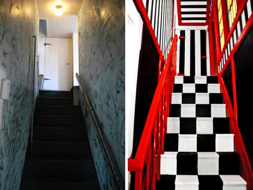 A collage showing the staircase before and after renovation.