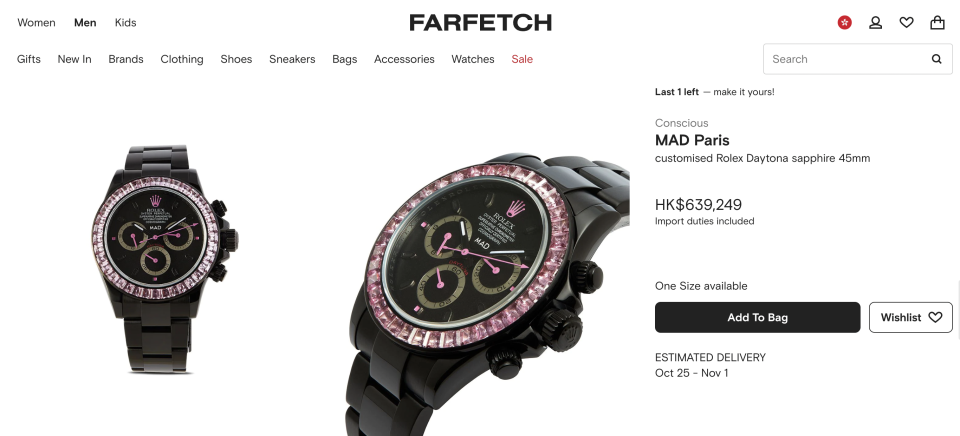 PHOTO / <a href="https://www.farfetch.com/hk/shopping/men/mad-paris-customised-rolex-daytona-sapphire-45mm-item-16322577.aspx?storeid=9359" rel="nofollow noopener" target="_blank" data-ylk="slk:FARFETCH;elm:context_link;itc:0;sec:content-canvas" class="link ">FARFETCH</a>