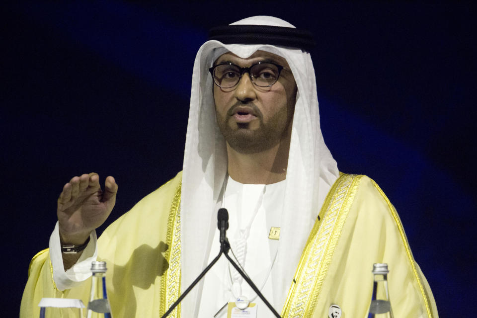 Sultan Ahmed al-Jaber, the Emirati minister of state and the CEO of Abu Dhabi's state-run Abu Dhabi National Oil Co., or ADNOC, speaks at a conference in Abu Dhabi, United Arab Emirates, Monday, Sept. 9, 2019. Saudi Arabia's new Energy Minister Prince Abdulaziz bin Salman, as well as the CEOs of Total SA and ENI SpA, were in Abu Dhabi on Monday at the World Energy Congress. (AP Photo/Jon Gambrell)