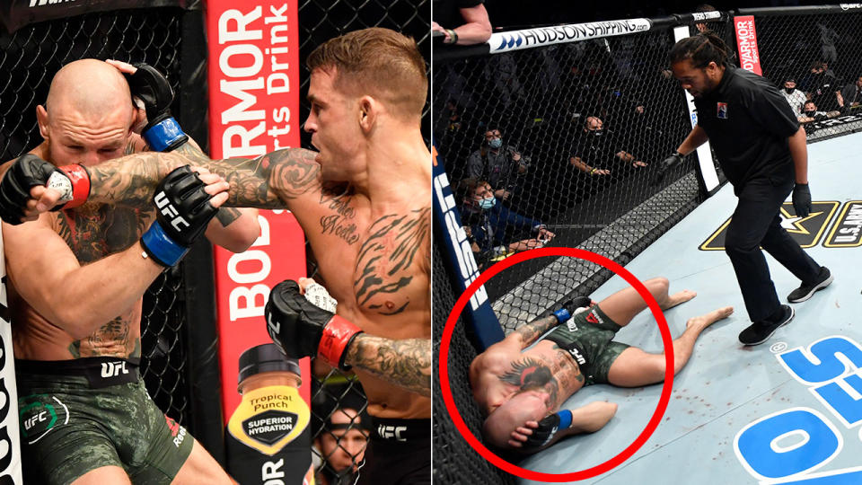 Pictured here, Dustin Poirier hits Conor McGregor to leave the Irishman on the canvas.