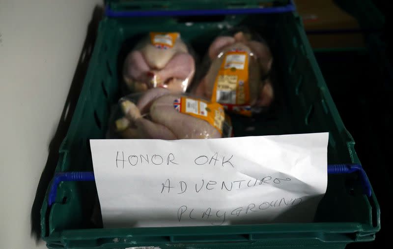 Fresh chicken is seen packed in a crate ready for distribution at the FareShare food redistribution centre in Deptford, as the spread of the coronavirus disease (COVID-19) continues, in south east London