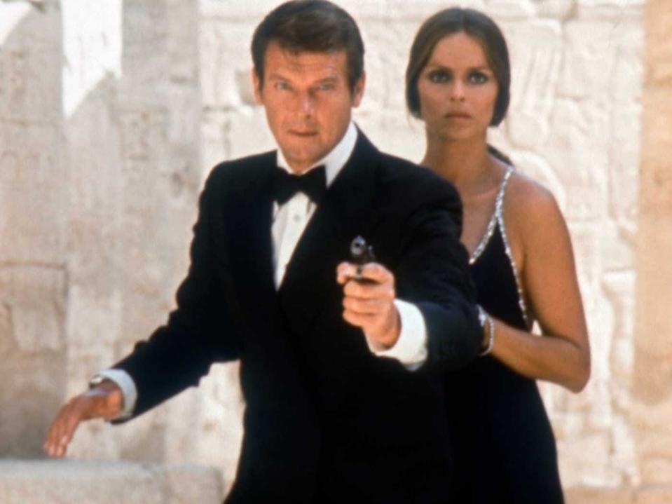 Roger Moore and Barbara Bach are seen in a photograph from 