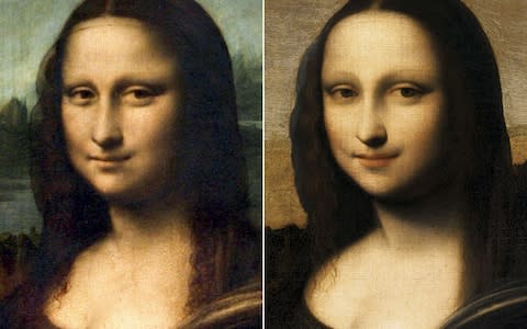  Leonardo Da Vinci's "Mona Lisa" taken on April 5, 2005 in Paris' Louvre Museum (L) and the same detail of a picture released by the Mona Lisa Foundation of what is believed to be an earlier version of da Vinci's masterpiece - Credit: AFP