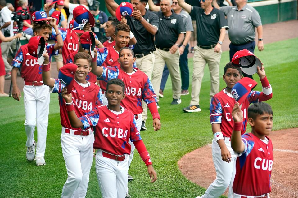 The Cuba Region champion team from Bayamo, Cuba, participates in the opening ceremony of the 2023 Little League World Series tournament in South Williamsport, Pennsylvania.