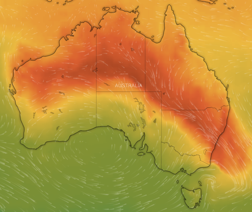 A map of Australia portraying Sunday's temperatures. Source: Windy