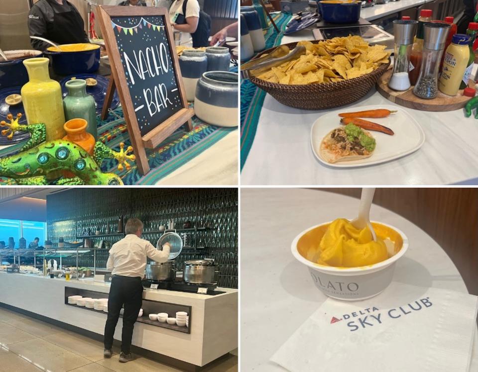 Food options in Sky Club lounge, man opening a pot of soup. Nachoes and a taco on a plate. Mango gelato.