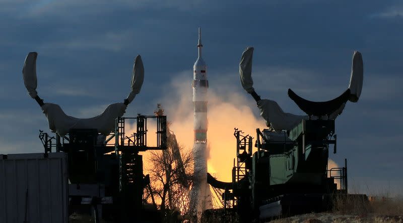 The Soyuz MS-25 spacecraft blasts off to the International Space Station (ISS) from the launchpad at the Baikonur Cosmodrome