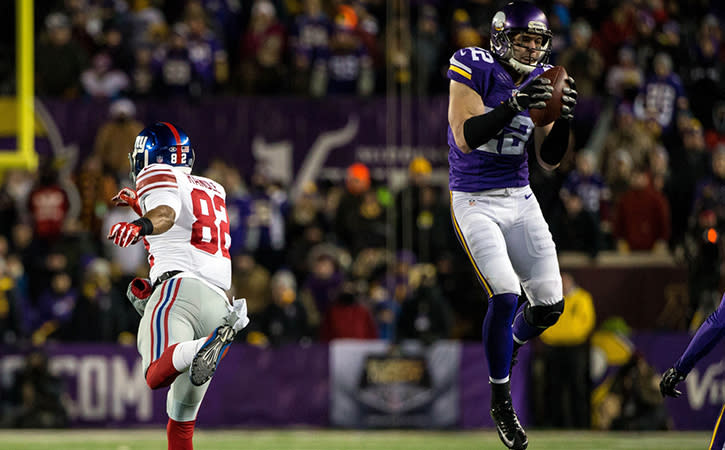 Minnesota Vikings safety Harrison Smith intercepts a pass during the second quarter against the New York Giants at TCF Bank Stadium.