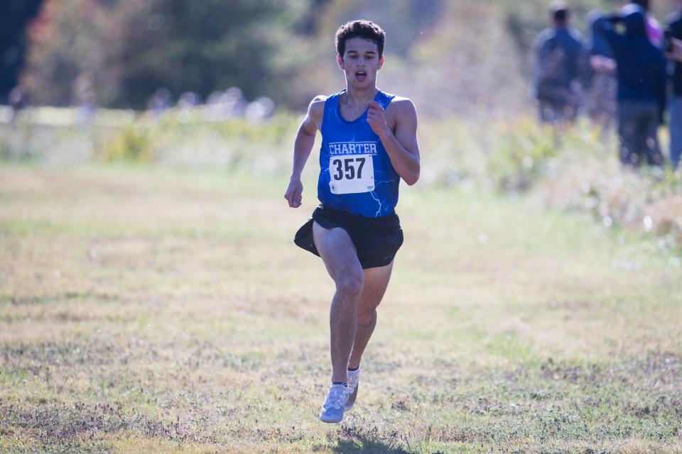 Charter School of Wilmington's Andrew Avila finishes first in the 2019 Joe O'Neill Invitational at Bellevue State Park. Avila finished with a time of 15:28:30.